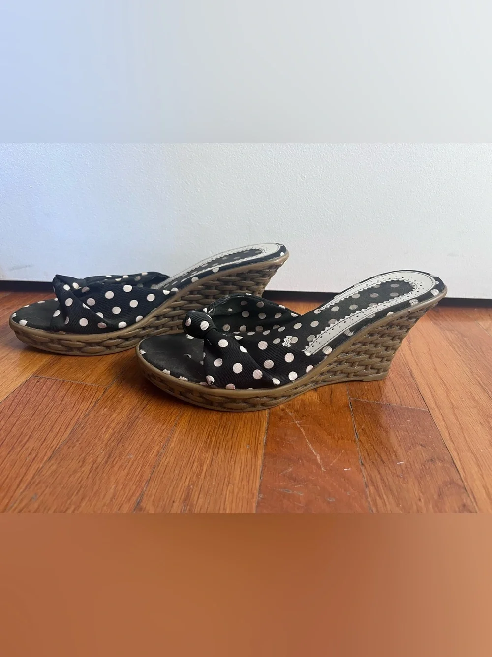 Black Polka Dot Wedge Slide Sandals